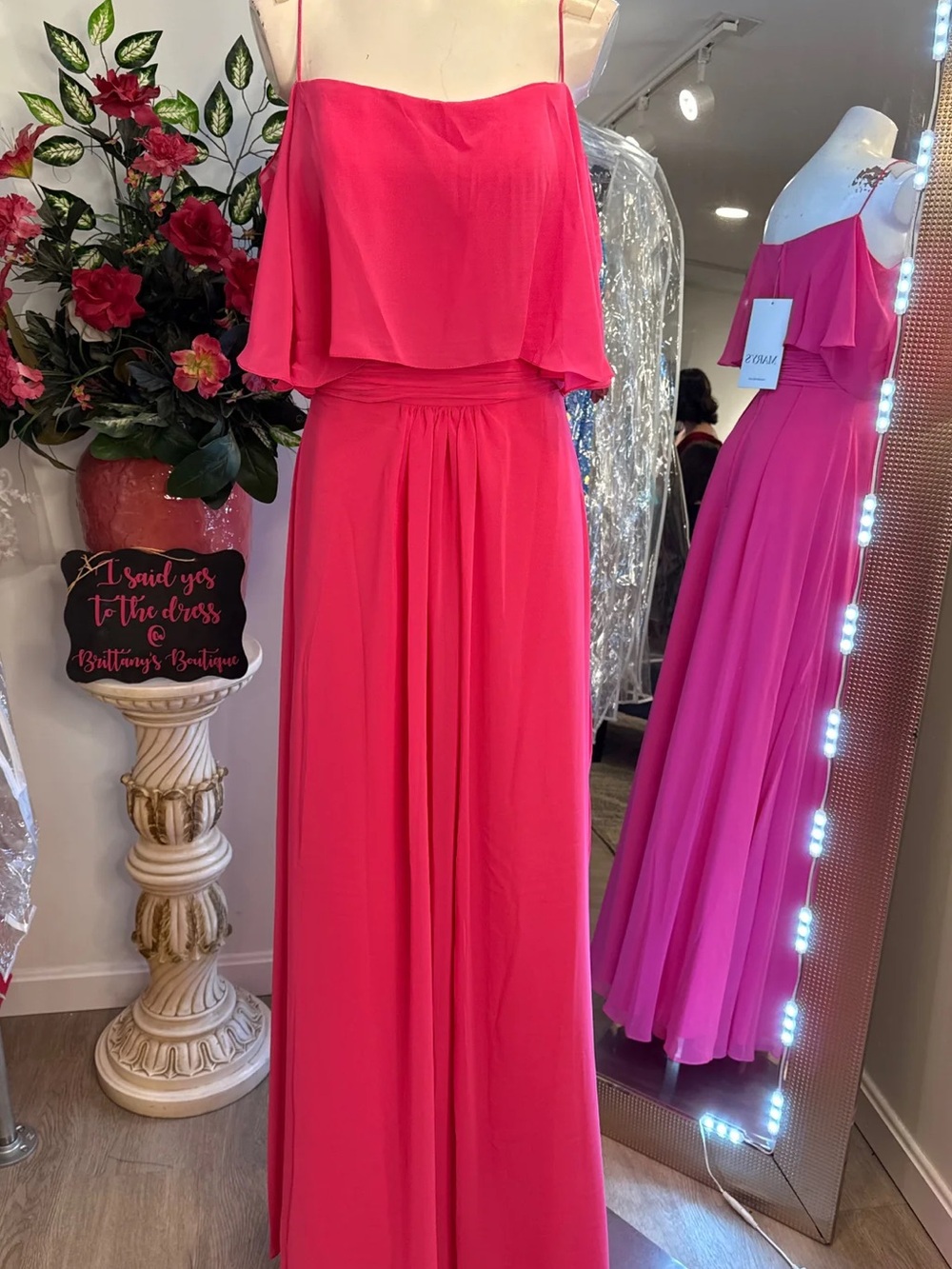 Mary's Bridal Hot Pink Spaghetti Strap Flowy Maxi Dress